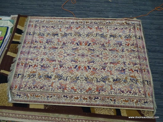 HAND WOVEN FLAT WEAVE RUG; BEIGE HUNTING FLAT WEAVE RUG WITH ORANGE, BLUE, AND TAN MEN ON HORSEBACK,