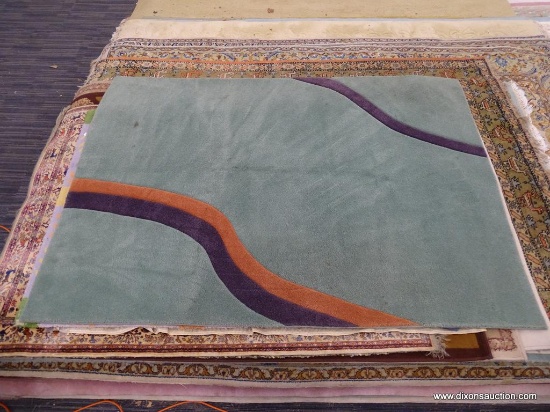 SIGNATURE RUGS AREA RUG ;CUSTOM MACHINE MADE AREA RUG IN MINT GREEN, BURNT ORANGE, AND PURPLE.