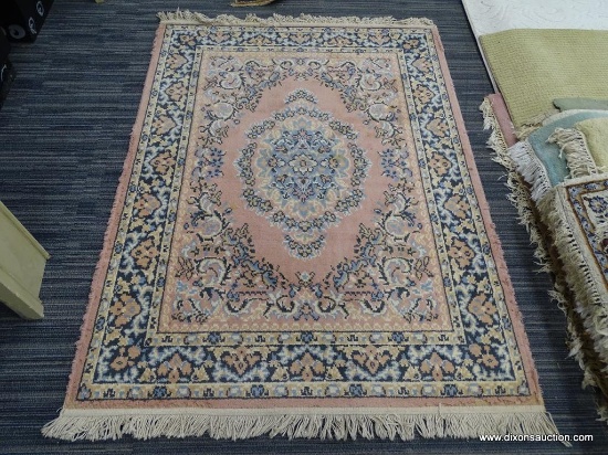 HAND KNOTTED AREA RUG; BELLEVUE BELGIUM AREA RUG IN PALE PINK, CREAM, AND LIGHT BLUE FLOWERS WITH