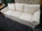 (R2) FANTASTIC SHERRILL 3 CUSHION SOFA; CREAM STRIPED UPHOLSTERED SOFA WITH MATCHING ARM SLIPCOVERS.