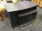(R5) WOODEN ENTERTAINMENT STAND; BLACK SPECKLED ENTERTAINMENT STAND WITH A ROUNDED FRONT, A THIN