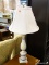 (R5) CERAMIC TABLE LAMP; WHITE CERAMIC TABLE LAMP WITH GOLD TONE AND BLUE DETAILING THROUGHOUT.