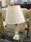 (R5) MARBLE TABLE LAMP; WHITE MARBLE TABLE LAMP WITH LEAVE AND SHELL CARVED DETAILING. COMES WITH A
