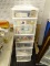 (R6) PLASTIC CHEST OF DRAWERS AND CONTENTS; PLASTIC 6 DRAWER CHEST OF DRAWERS WITH CLEAR BINS FULL