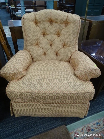 ACCENT CHAIR; ACCENT ARMCHAIR ON A SWIVEL WITH AN ORANGE AND PEACH FLORAL DETAILED FABRIC AND ARM