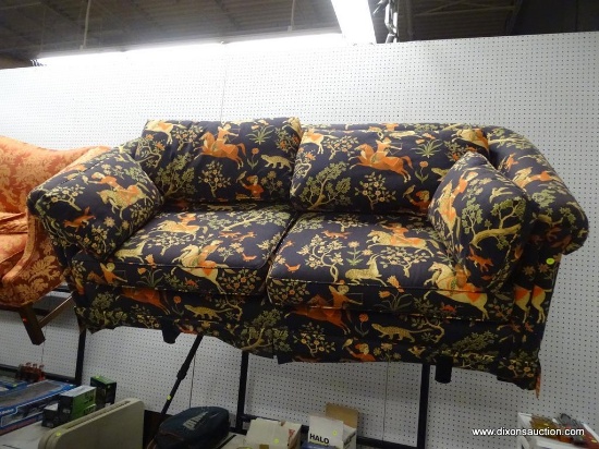 PULL OUT SOFA BED; RUBEE PULL OUT SOFA BED WITH A NAVY BLUE INDIAN TRIBAL FABRIC THAT HAS HORSE