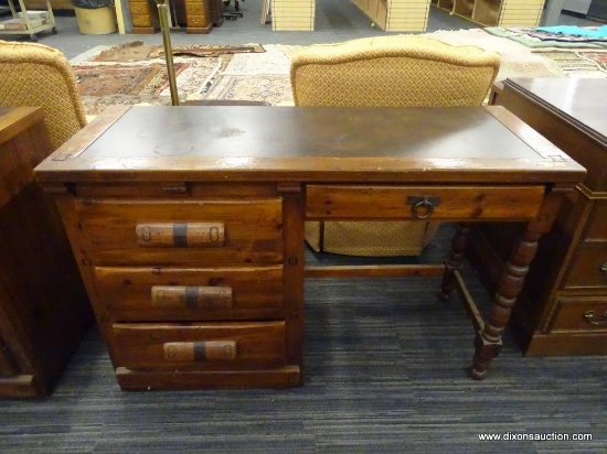LINK-TAYLOR "RAWHIDE" DESK; A RAWHIDE AND WOODEN DESK. THE CHEST DESK HAS LEATHER STYLE VENEER TOP,