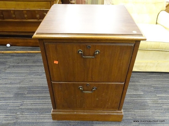 WOODEN FILE CABINET; WOOD GRAIN FILE CABINET WITH 2 DOVETAIL DRAWERS WITH METAL PULLS AND METAL