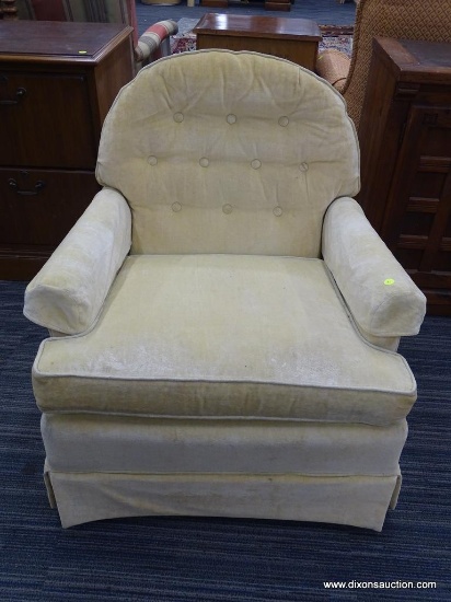 LAINE CLOTH ARM CHAIR; ROUND BACK ARM CHAIR WITH A YELLOW CLOTH FABRIC AND BUTTON DETAILING ALONG