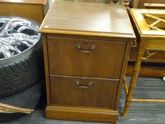 WOODEN FILE CABINET; WOOD GRAIN FILE CABINET WITH 2 DOVETAIL DRAWERS WITH METAL PULLS AND METAL