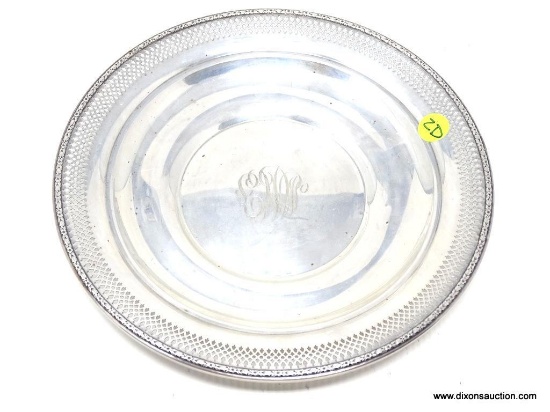 STERLING SILVER RETICULATED CHARGER; PIERCED EDGE WITH EMBOSSED FLORAL RIM. MONOGRAMMED IN THE