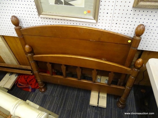 FULL SIZED BED FRAME; WOODEN BED FRAME WITH A ROUNDED HEAD BOARD AND A ROUNDED BANNISTER BACK FOOT