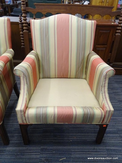 CAMELBACK ARMCHAIR; ARMCHAIR WITH A RAINBOW POLYESTER FABRIC AND 4 BRACKET DETAILED BLOCK FEET WITH