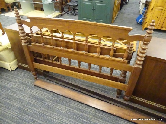 FULL SIZED BED FRAME; WOODEN BED FRAME WITH TURNED DETAILING ALONG THE BED POSTS AND THE BANNISTER