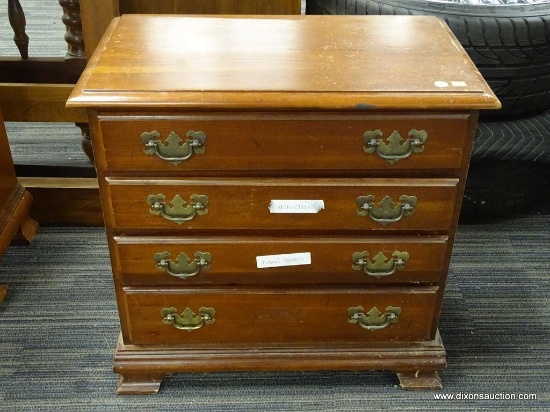 CHEST OF DRAWERS; WOODEN CHEST OF DRAWERS WITH 4 DOVETAIL DRAWERS THAT HAVE METAL BATWING PULLS.