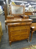 DRESSER VANITY; WOODEN DRESSER WITH A ROTATING VANITY. TABLE TOP HAS A DRAWER ON THE LEFT AND RIGHT