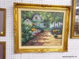 (R1) FRAMED OIL ON CANVAS; STILL LIFE OIL ON CANVAS SHOWING A WHITE HOUSE WITH WRAP AROUND PORCH AND