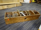 (R2) LOT OF ASSORTED SHOP TOOLS; WOODEN BOX WITH NAILS, SCREWS, HOSE NIZZLES, HAND SHOVELS, VALVES,