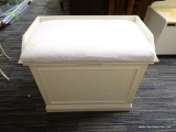 (R2) BENCH CHEST; WOODEN BENCH CHEST WITH A CREAM COLORED FINISH AND A WHITE CLOTH CUSHION. CHEST