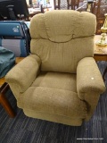 (R2) RECLINING ARM CHAIR; BROWN FABRIC ARM CHAIR THAT HAS A HANDLE FOR RECLINING ON THE RIGHT SIDE.