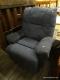 (R2) RECLINING ARM CHAIR; BLUE FABRIC ARM CHAIR THAT HAS A HANDLE FOR RECLINING ON THE RIGHT SIDE.