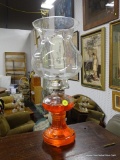 (R2) OIL LAMP; OIL LAMP WITH HOBNAIL DETAILING ALONG THE BASE AND ORANGE COLORED OIL. COMES WITH A