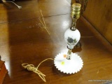 (R2) WHITE GLASS AND METAL LAMP; WHITE GLASS LAMP WITH BLUE ROSES PAINTED ON THE SIDE AND A HOBNAIL