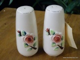 (R2) DECORATIVE SALT N' PEPPER SHAKERS; ORIENTAL WHITE SALT AND PEPPER SHAKERS WITH A ROSE ON THE