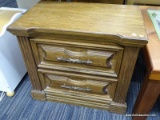 (R2) WOODEN NIGHT STAND; WOOD GRAIN NIGHT STAND WITH 2 DOVETAIL DRAWERS WITH A DETAILED METAL HANDLE