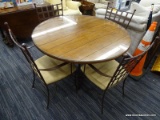 (R3) WOODEN PATIO TABLE AND CHAIRS; 5 PIECE PATIO TABLE SET TO INCLUDE A ROUND TABLE WITH A GLASS