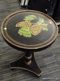 (R3) WOODEN END TABLE; BLACK AND BROWN HAND PAINTED ROUND WOODEN END TABLE WITH A PINECONE PAINTED