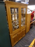 (R3) OAK CHINA CABINET; WOODEN CHINA CABINET WITH 2 PANELED GLASS DOORS THAT HAVE BRASS HANDLES THAT