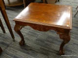 (R4) WOODEN END TABLE; BEAUTIFUL MULTI GRAIN TABLE TOP WITH A BLACK DETAILED LINING. HAS FAN