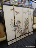 (R4) ORIENTAL FOLDING SCREEN; BEAUTIFUL 4 PANEL FOLDING SCREEN WITH A DIFFERENT SCENE ON EITHER