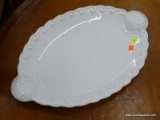 (R4) LARGE SERVING DISH; WHITE SERVING DISH WITH SCROLL DETAILING ALONG THE EDGES AND 2 SEA SHELL