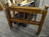 (BACKWALL) WOODEN BED FRAME; TWIN SIZED WOODEN BED FRAME WITH TURNED POLE DETAILING ALONG THE