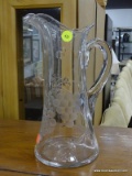 (R5) ETCHED GLASS PITCHER; WATER PITCHER WITH GRAPE CLUSTERS ETCHED INTO THE SIDE AND A GLASS