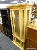 (R5) WOODEN CHINA CABINET; WOOD CHINA CABINET WITH DENTAL MOLDING AROUND THE TOP, GLASS PANELING,