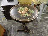 (R5) WOODEN END TABLE; BLACK AND BROWN HAND PAINTED ROUND WOODEN END TABLE WITH A PINECONE PAINTED