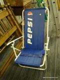 (BACKWALL) PEPSI FOLDING CHAIR; PEPSI METAL FOLDING LAWN CHAIR WITH A BLUE POLYESTER SEAT AND WHITE