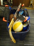 (R6) LOT OF ASSORTED SPORTS EQUIPMENT; TUB FULL OF SPORTS EQUIPMENT TO INCLUDE 2 BASKETBALLS, 2