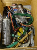 (R6) BOX LOT OF ASSORTED ITEMS; INCLUDES BUNGEE CORDS, MOVING BANDS, A PERMATEX BULLSEYE WINDSHIELD