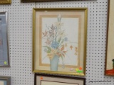 (R6) FRAMED GLORIA ERIKSEN PRINT; FLORAL STILL LIFE SHOWING LILIES AND BLUEBELLS IN A PALE BLUE