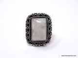 (SHOW) LADIES GERMAN SILVER RING; RECTANGULAR SHAPED RAINBOW MOONSTONE AND GERMAN SILVER RING. SIZE