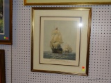 (R6) FRAMED BATTLESHIP PRINT; THIS PIECE SHOWS BATTLESHIPS ON THE WATER FROM 