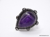 (SHOW) LADIES GERMAN SILVER RING; TEARDROP SHAPED PURPLE AMETHYST AND GERMAN SILVER RING. SIZE 9.5.