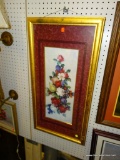 (R6) FRAMED FLORAL PRINT; DERMAND PRINT SHOWING FLOWERS AND ASSORTED FRUIT. MATTED IN GOLD, AND