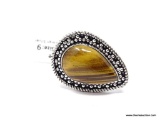 (SHOW) LADIES GERMAN SILVER RING; TEARDROP SHAPED TIGER EYE AND GERMAN SILVER RING. SIZE 9.