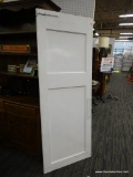 (R1) WOODEN DOOR; WHITE WOOD SWINGING DOOR WITH A GLASS PANEL ON BOTH SIDES AS THE HANDLE. PAINING