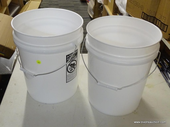 5-GALLON BUCKET; PAIR OF 5-GALLON, WHITE HEAVY DUTY PLASTIC BUCKETS. BRAND NEW.